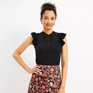 Loft Embroidered Yoke Flutter Top Xxs